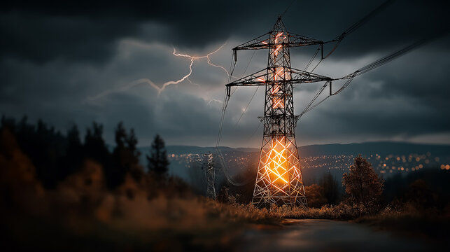 Electric pylon glowing during a powerful lightning storm over a dark landscape