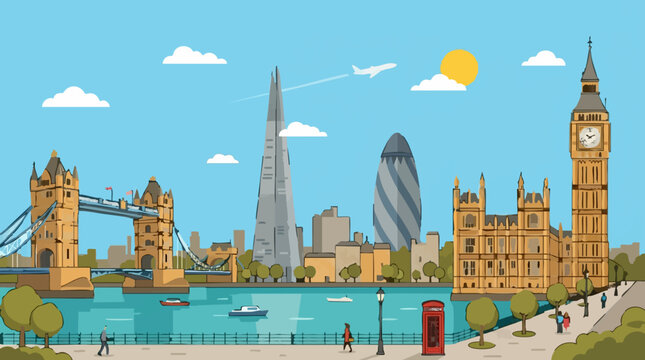 Cartoon illustration of London skyline with iconic landmarks and River Thames