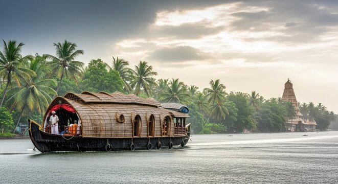 A traditional thatched houseboat glides across misty backwaters during a rainstorm, flanked by vibrant green palms and a distant stone temple, wood, water, houseboat