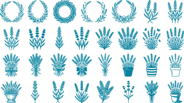 Collection of lavender flower stems and wreaths in ornamental line art style for floral prints