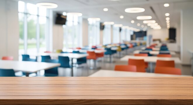 A smooth empty wooden table top sits in the foreground with a blurred background showing a bright modern canteen and cafeteria dining hall, background, hall, bright