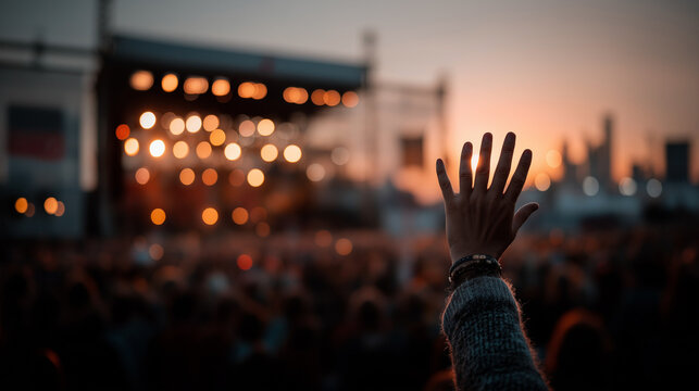 Hand raised at an outdoor music festival during sunset