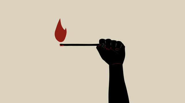 Silhouette hand holding lit match against beige background