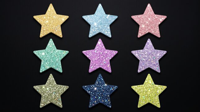 Colorful Glitter Star Decorations on Black Background with Nine Sparkling Pastel Sequined Stars