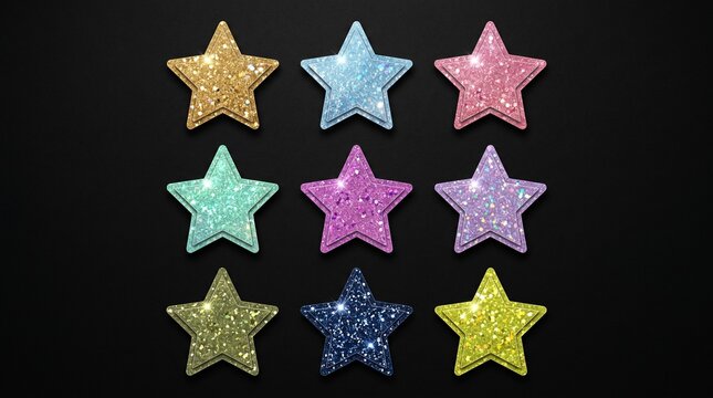 Colorful Glitter Star Decorations on Black Background with Nine Sparkling Pastel Sequined Stars