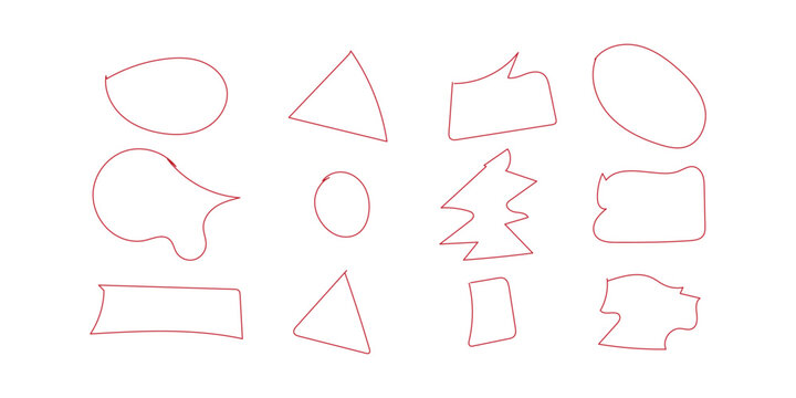 Hand drawn speech bubbles and organic shapes, set of 12 red line doodle frames, minimalist sketch talk clouds and geometric outline elements for social media and journaling
