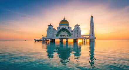 Fototapeta premium Stunning floating house of worship architecture on stilts over calm ocean waters featuring golden domes and minarets at orange sunset sky, cultural, tranquility, water