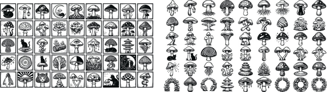 Set of hand drawn mushroom icons in vintage etching style for forest nature design projects