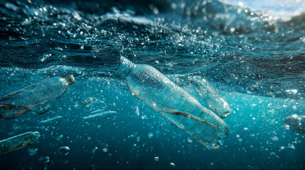 Fototapeta premium Plastic Bottles in Pristine Blue Water Creating Strong Contrast for Ocean Conservation Concept