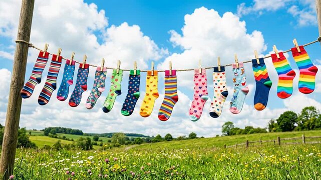 Colorful patterned socks hanging on a rustic clothesline with wooden pegs outdoors over a lush green meadow under a vast blue sky representing fresh laundry day chores and cheerful diversity