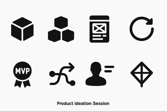 Product Ideation Icons. Product Ideation Session. Filled icon set of Product Ideation Session: product cube,