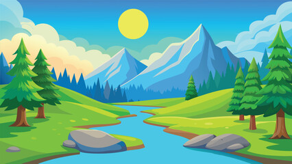 Fototapeta premium Serene Mountain Landscape with Winding River and Verdant Hills Under a Sunny Sky Vector Illustration