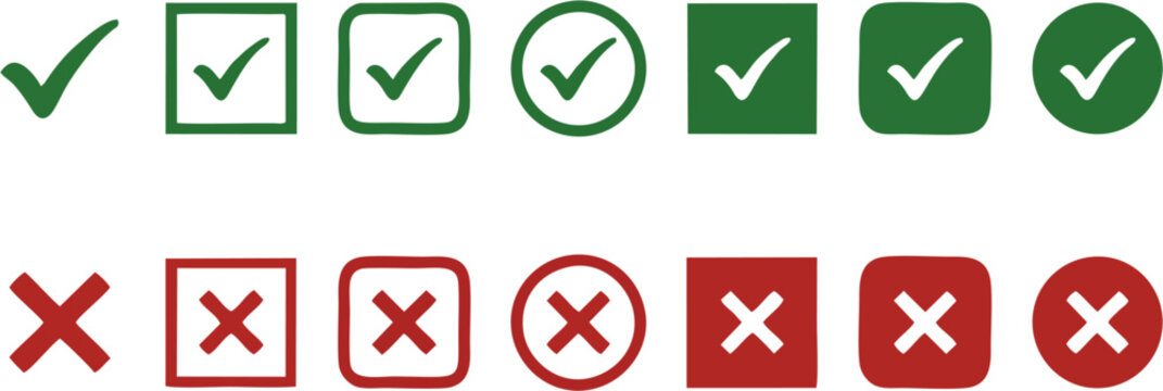 Checkmark and cross mark green tick red x button icon set vector