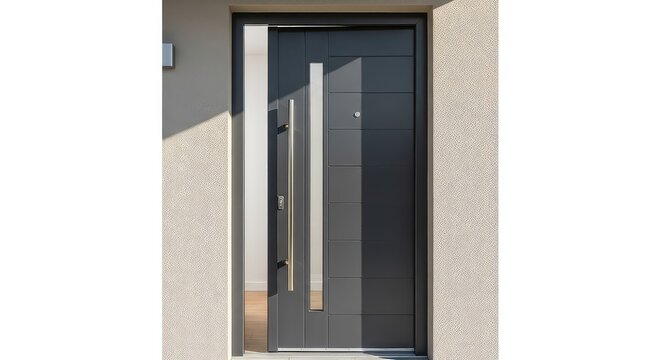 Modern dark grey fiberglass front door with sleek vertical panels and a long metallic handle, set against a neutral colored house wall, fiberglass, luxury, renovation