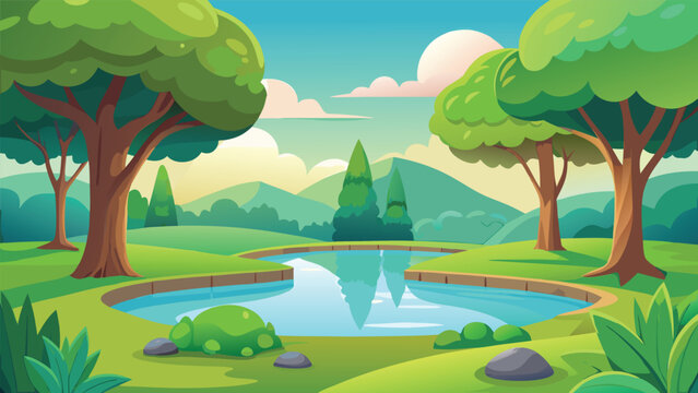 Serene pond landscape with lush trees and rolling hills during a bright sunny day vector illustration