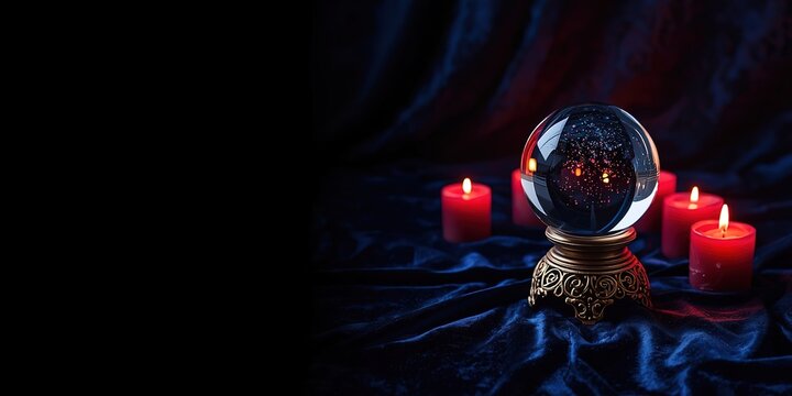 Magical divination setup with crystal ball and red candles on velvet fabric