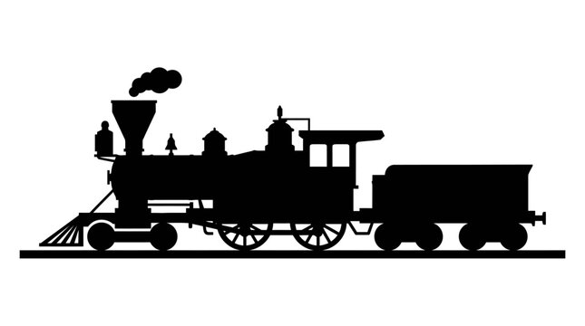 Vintage steam locomotive on railway tracks black silhouette