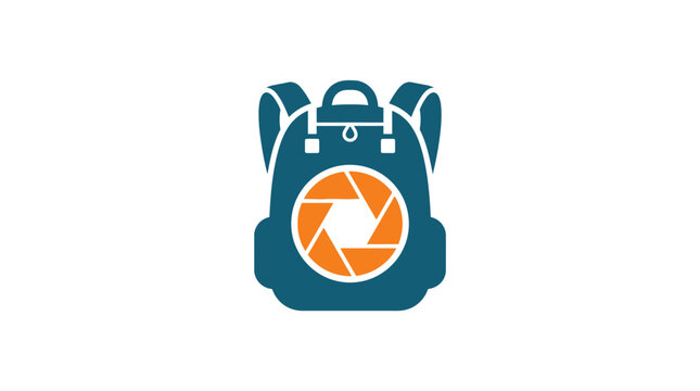 Teal backpack with camera lens logo.