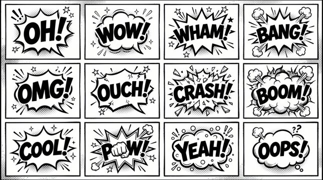 Comic book speech bubbles panel, various emotional expressions
