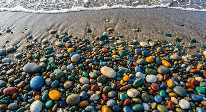 A detailed top-down view of smooth, multicolored stones and round pebbles scattered along a wet shoreline as the ocean waves recede, elements, beach, organic