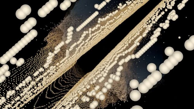High-resolution 4K motion graphic featuring a dynamic contrast between vibrant yellow and neutral white sphere particles. This abstract animation creates a visually striking split-flow effect