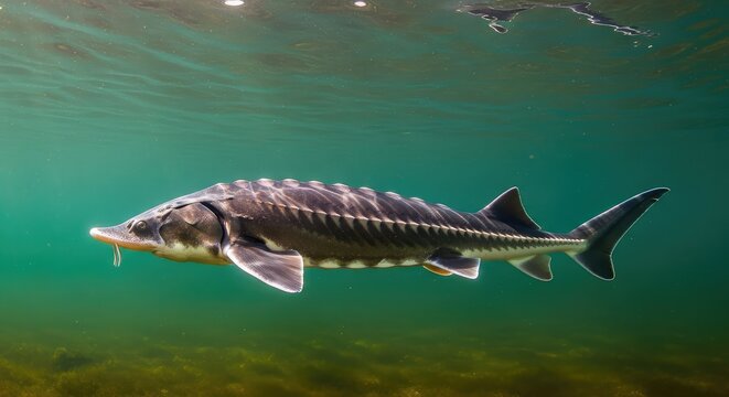 A large prehistoric sturgeon swims gracefully through the murky depths of a freshwater river, showing its unique bony plates and tail, serene, submerged, underwater