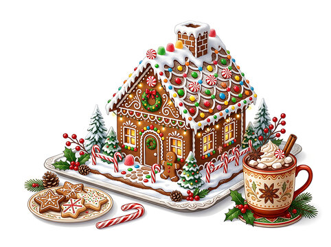 Intricate gingerbread house with candy decorations.