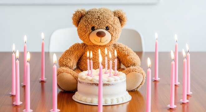A plush teddy bear sits behind a small birthday cake topped with glowing candles, surrounded by many soft pink candles on a wooden table, dessert, pink, cozy