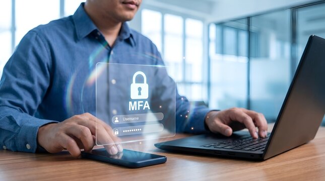 Businessman Using Smartphone and Laptop with Holographic MFA Lock Screen Showing Username and Password Multi-Factor Authentication in Modern Office
