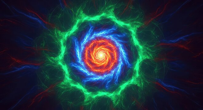 A turbulent dark blue and red background featuring a luminous glowing spiral vortex intertwined with a mystical vibrant green nebular cloud, artistic, ethereal, depth
