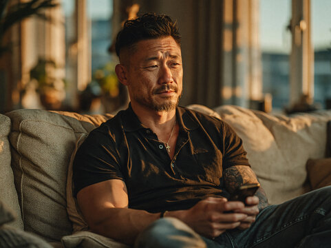 A rugged-looking Asian man with styled cut hair and arm tattoos sits relaxed on soft sofas indoors, intently scrolling content on his smartphone amid warm vintage-filter ambient lighting.