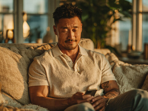 A rugged-looking Asian man with styled cut hair and arm tattoos sits relaxed on soft sofas indoors, intently scrolling content on his smartphone amid warm vintage-filter ambient lighting.