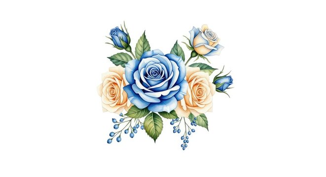 Elegante bouquet di rose blu e color crema in stile acquerello, composizione floreale delicata su sfondo trasparente per design grafico, ivory, spring, beauty