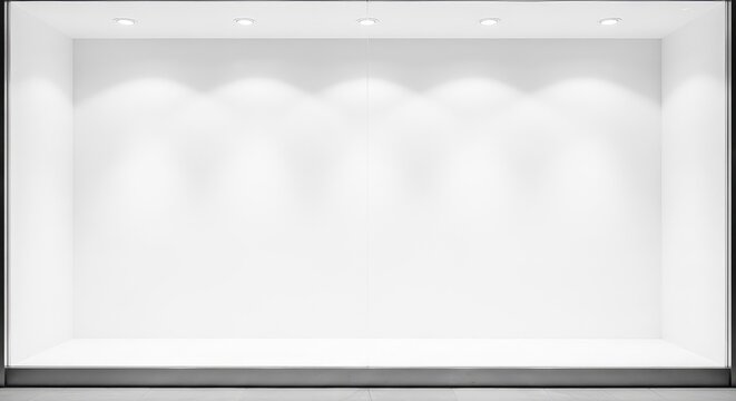 An empty retail storefront display window features a clean white background and polished glass, providing a minimalist space for commerce, elegant, template, retail