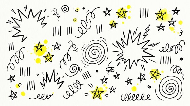 Hand drawn doodle stars and swirls on white background