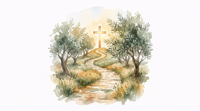 Path leading to glowing cross watercolor landscape