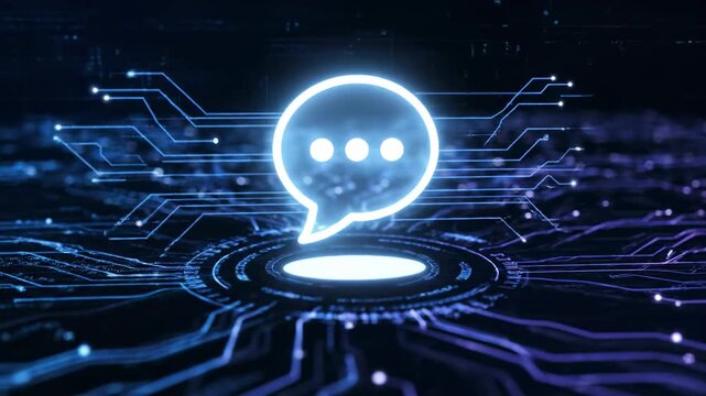 Glowing white chat bubble over a circuit board background with blue and purple tones