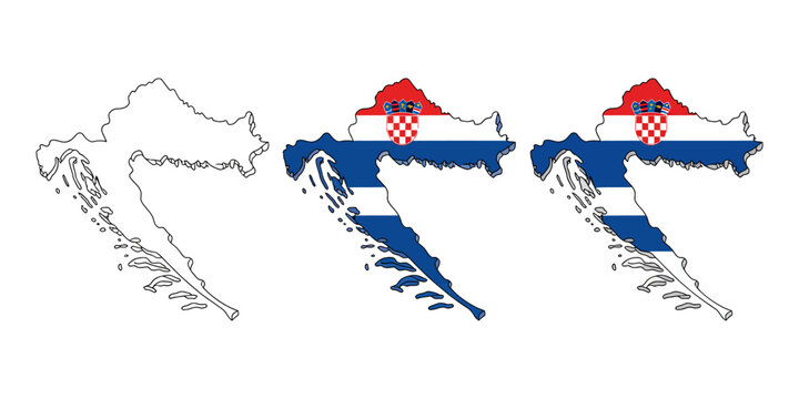 Croatia, country shapes, outline, vector icons, flag, red hat