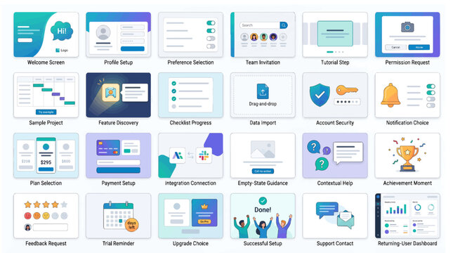 Modern user onboarding and interface screen templates for mobile and web applications