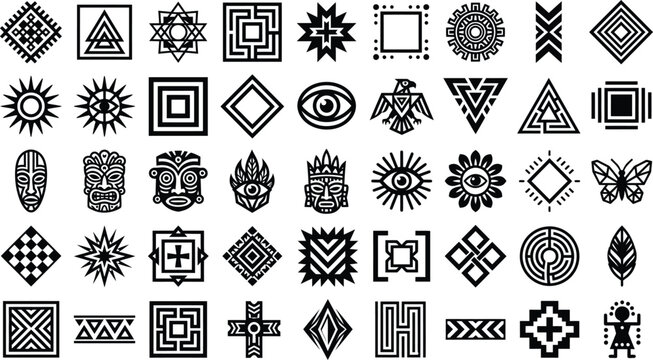 Abstract geometric symbols and ancient tribal icons collection for cultural pattern and logo design applications