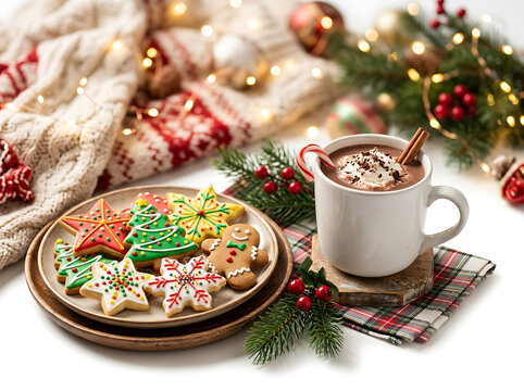 Freshly baked Christmas cookies with icing and holly.