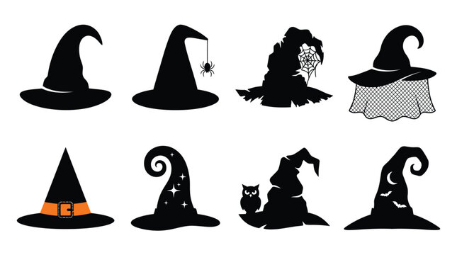 Detailed black vector illustration set featuring various witch hats for spooky holiday halloween graphic design projects