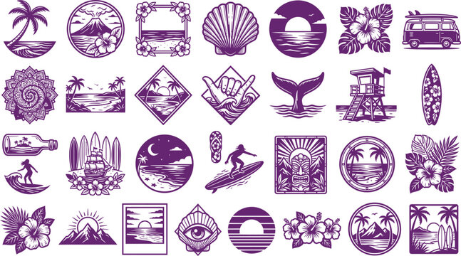 Assorted summer beach vacation emblems with surfboards hibiscus flowers and ocean sunset scenes in purple