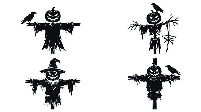 Black vector illustration set featuring four spooky pumpkin scarecrows with crows for modern halloween designs