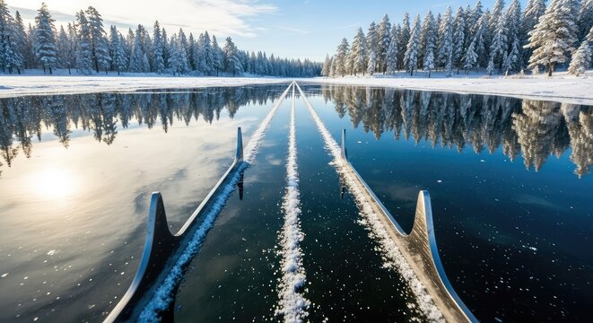 Metal blades carve parallel paths on a reflective frozen lake under a clear sky, surrounded by frosty pines and white snow on a sunny day, surface, pond, bright