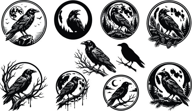 Black raven bird silhouette collection with moon and forest elements in classic woodcut etching style