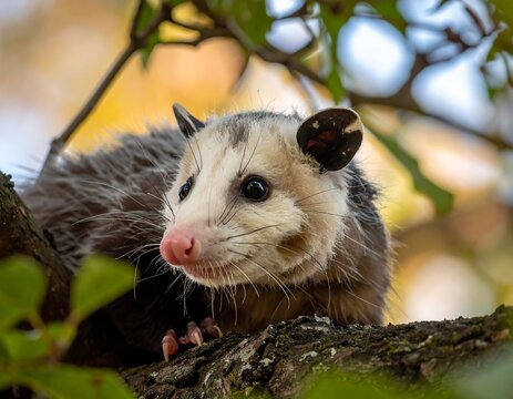 A close-up of a possum perched on a tree branch, looking directly at the camera with a blurred background