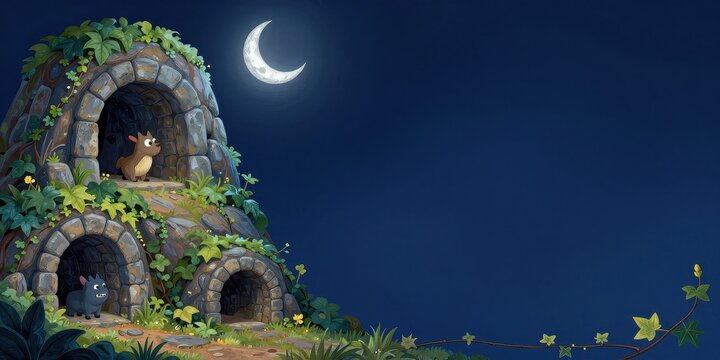 Cartoon Mouse and Cat in Stone Cave Under Moonlit Night with Forest Scene