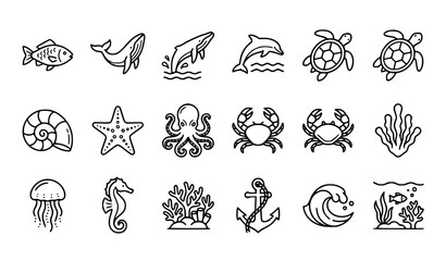 Sea Creatures Outline Icons Vector Set with Fish Whale Turtle and Shell Symbols © Md
