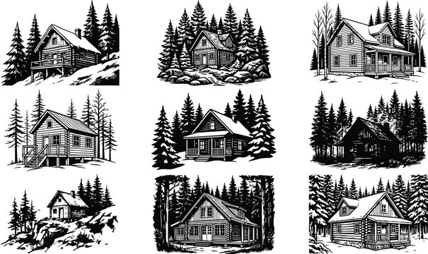 Collection of hand drawn wooden cabin icons in vintage woodcut style for rustic design projects